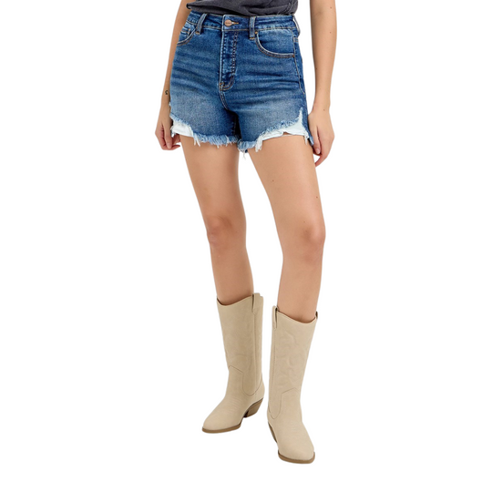 High Rise Side Step Hem Dark Risen Shorts