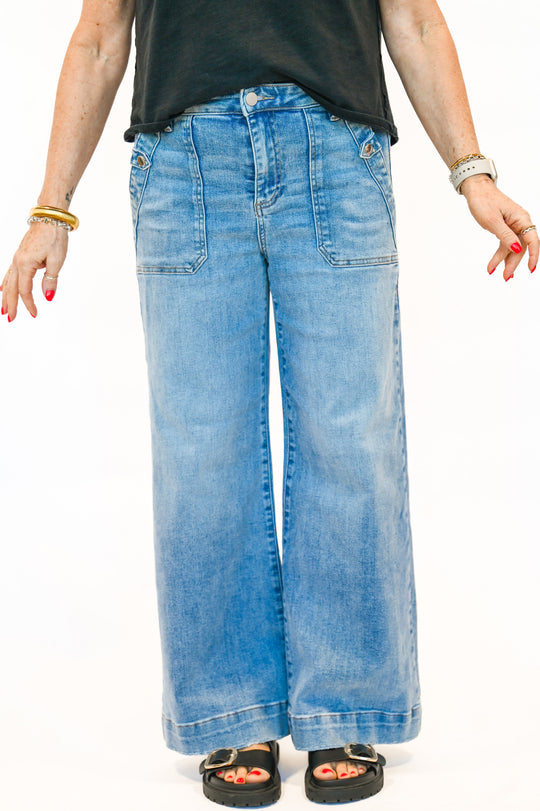 Risen High Rise Wide Leg Patch Pocket Jeans
