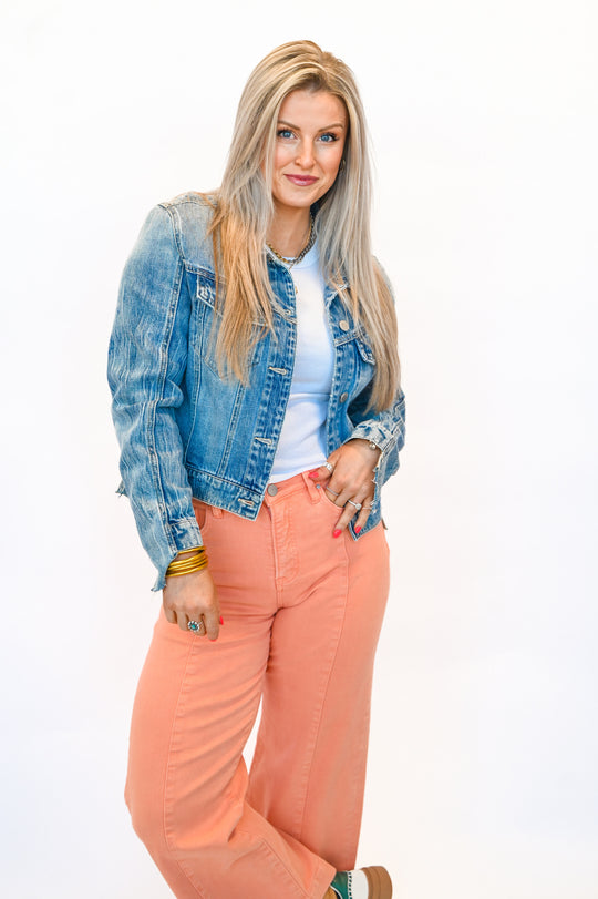Risen Tummy Control High Rise Coral Crop Wide Jeans