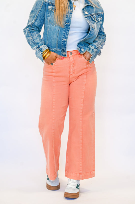 Risen Tummy Control High Rise Coral Crop Wide Jeans