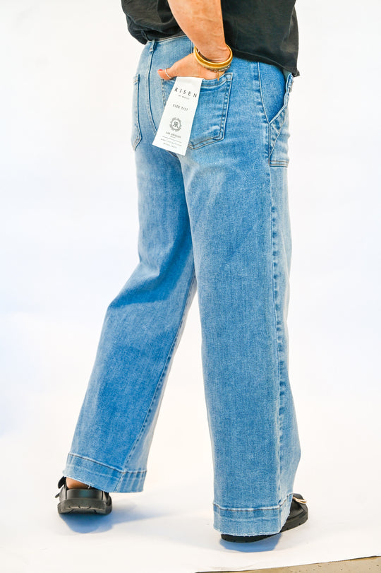 Risen High Rise Wide Leg Patch Pocket Jeans