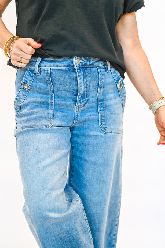 Risen High Rise Wide Leg Patch Pocket Jeans