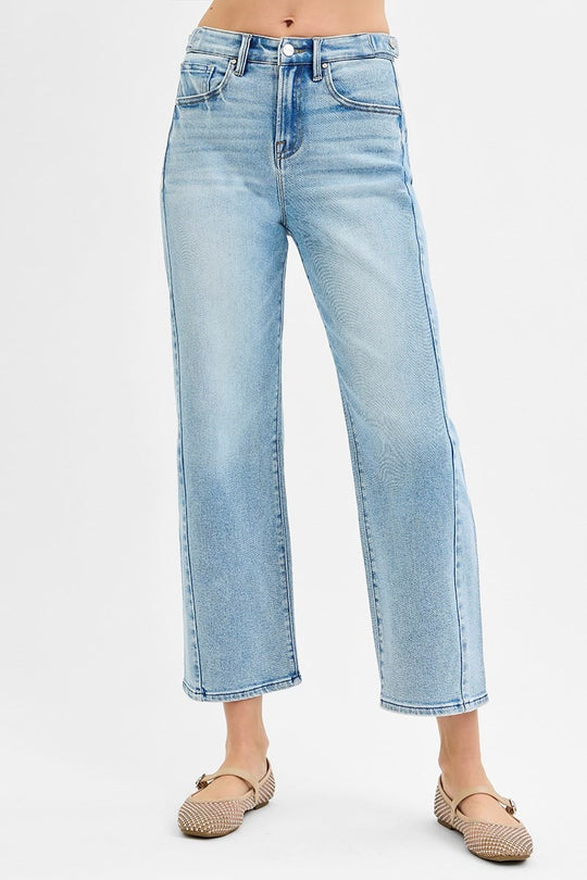 Risen High Rise Crop Length Barrel Jeans Adjustable Waist Band