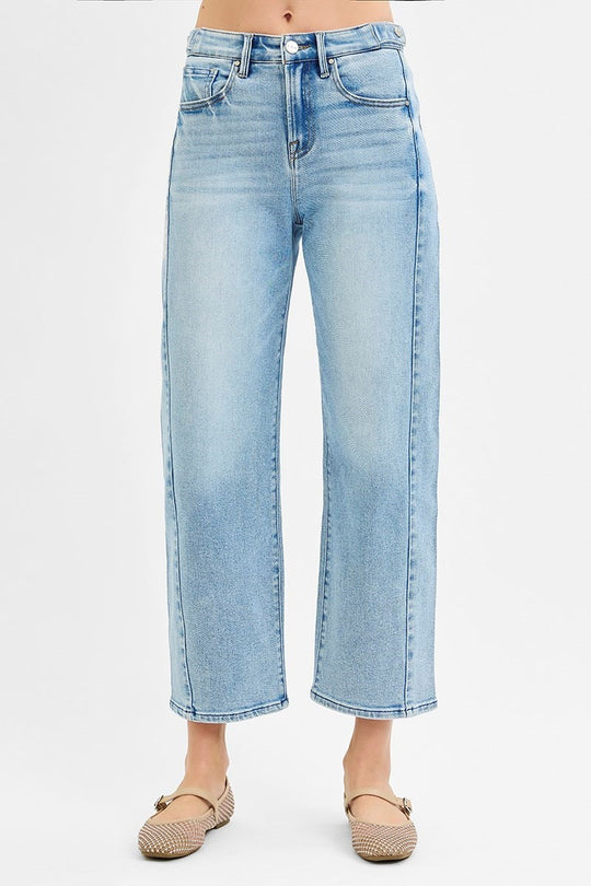 Risen High Rise Crop Length Barrel Jeans Adjustable Waist Band