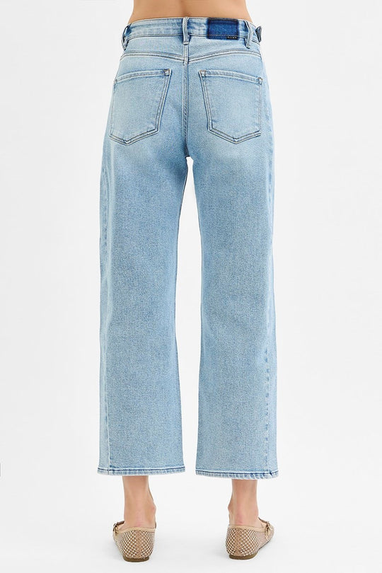 Risen High Rise Crop Length Barrel Jeans Adjustable Waist Band