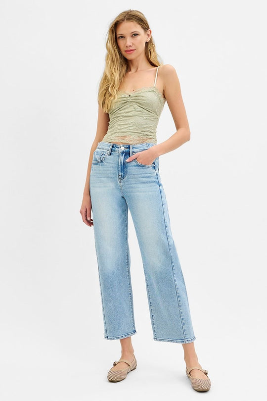 Risen High Rise Crop Length Barrel Jeans Adjustable Waist Band