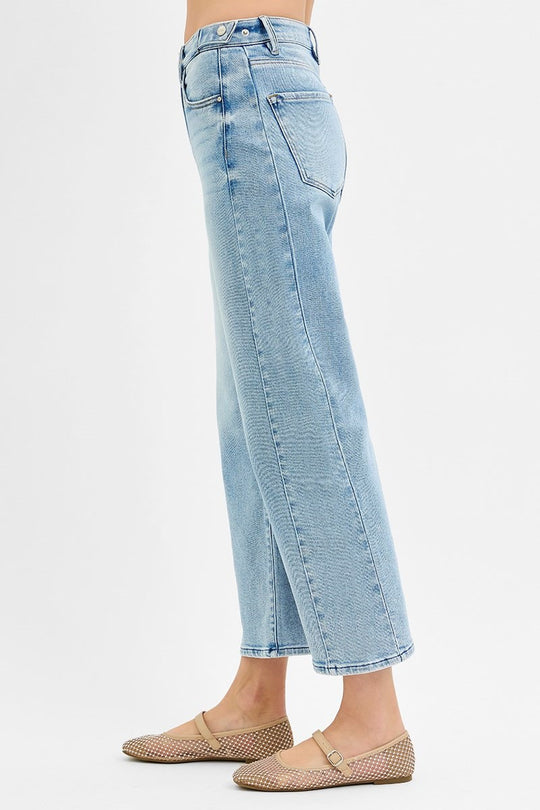 Risen High Rise Crop Length Barrel Jeans Adjustable Waist Band