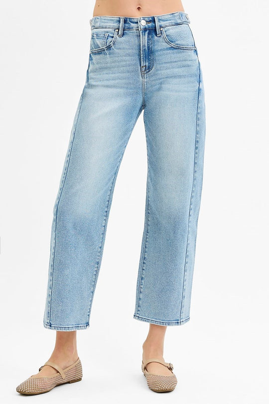 Risen High Rise Crop Length Barrel Jeans Adjustable Waist Band