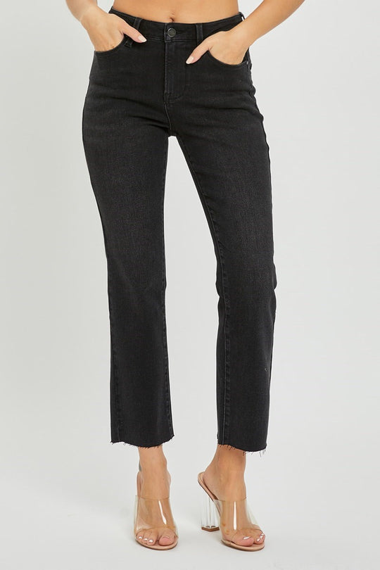 Risen Mid Rise Crop Straight Black Jeans