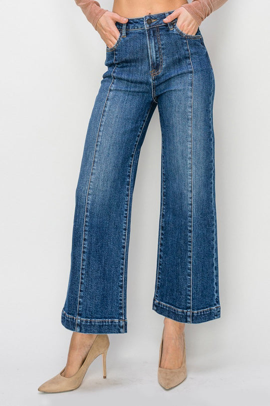 Risen Tummy Control High Rise Dark Crop Wide Jeans