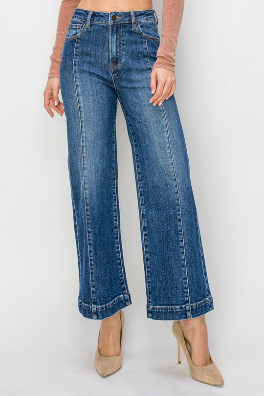Risen Tummy Control High Rise Dark Crop Wide Jeans