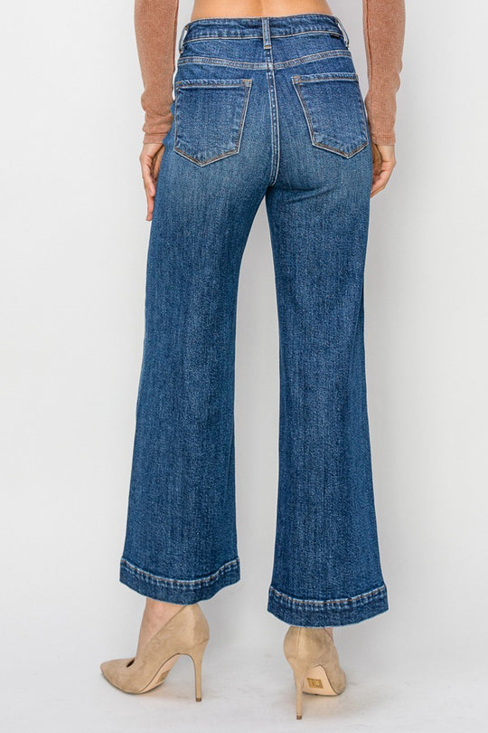 Risen Tummy Control High Rise Dark Crop Wide Jeans