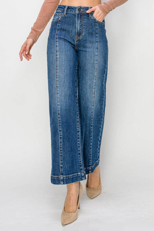 Risen Tummy Control High Rise Dark Crop Wide Jeans