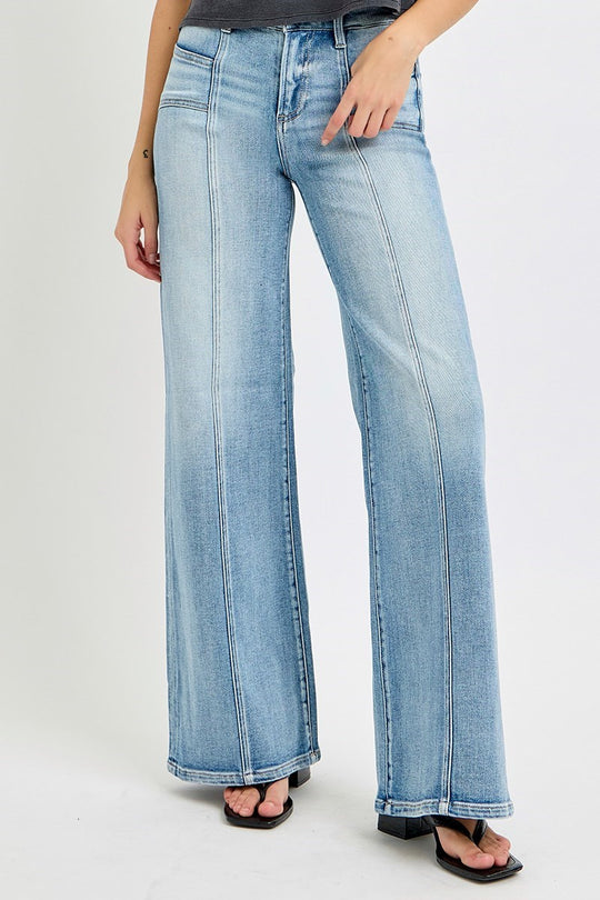 Risen Mid Rise Wide Jeans with Front Patch Pockets