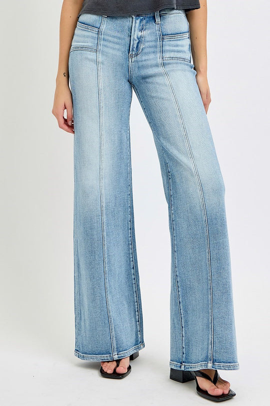 Risen Mid Rise Wide Jeans with Front Patch Pockets