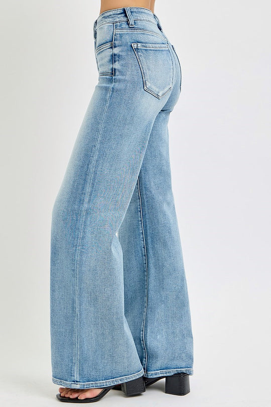 Risen Mid Rise Wide Jeans with Front Patch Pockets