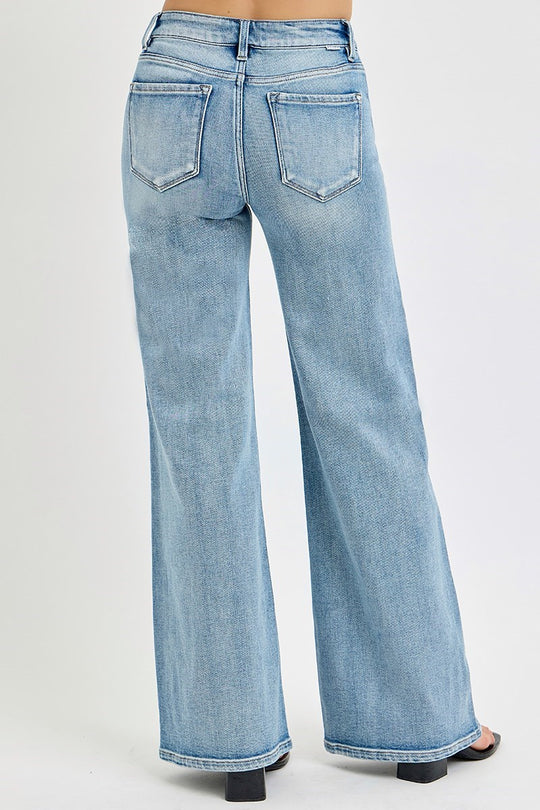 Risen Mid Rise Wide Jeans with Front Patch Pockets