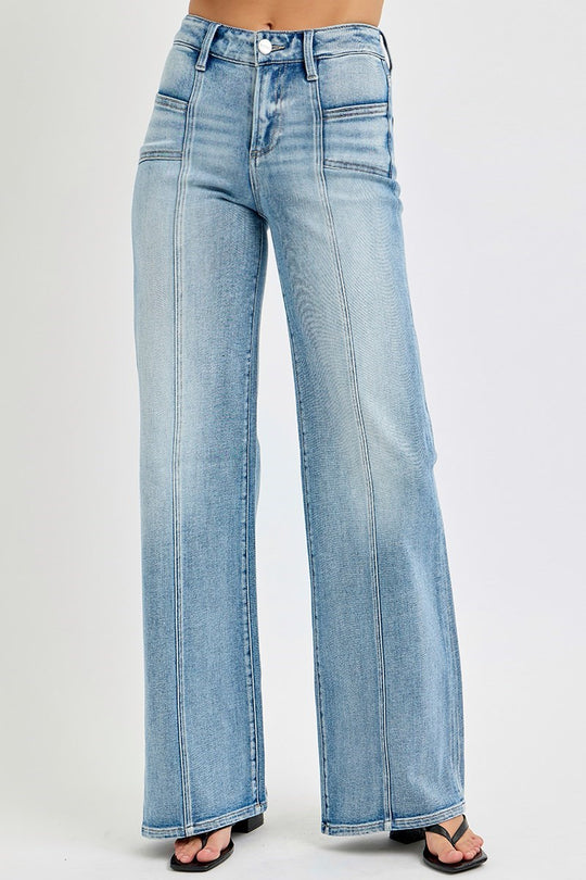 Risen Mid Rise Wide Jeans with Front Patch Pockets
