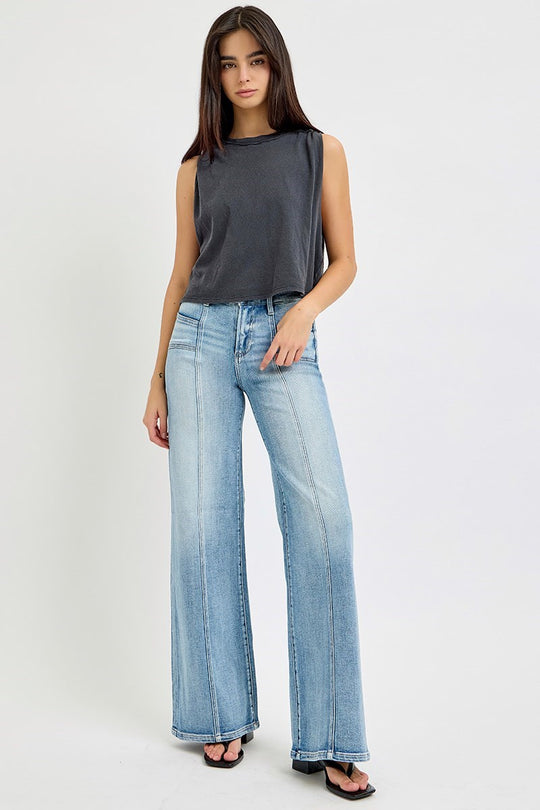 Risen Mid Rise Wide Jeans with Front Patch Pockets