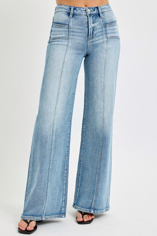 Risen Mid Rise Wide Jeans with Front Patch Pockets