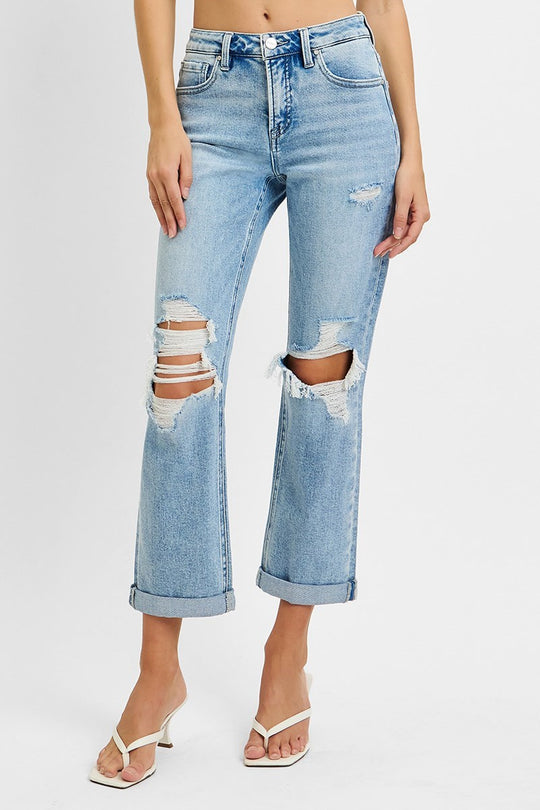 Risen Tummy Control High Rise Straight Double Roll Up Jeans