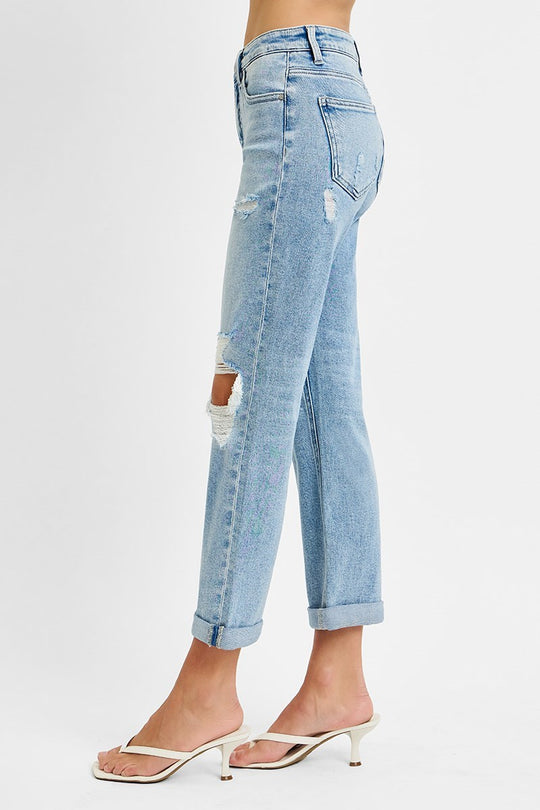 Risen Tummy Control High Rise Straight Double Roll Up Jeans