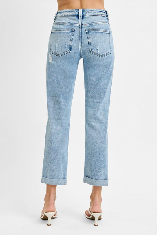 Risen Tummy Control High Rise Straight Double Roll Up Jeans