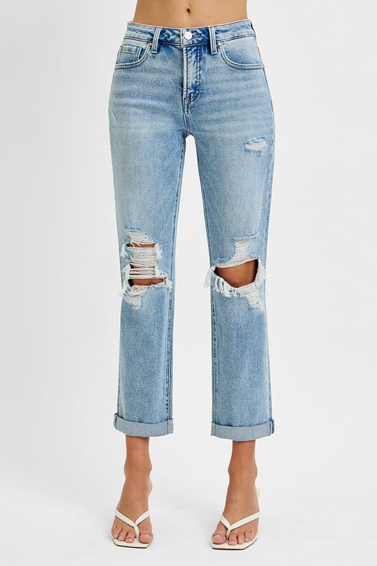 Risen Tummy Control High Rise Straight Double Roll Up Jeans