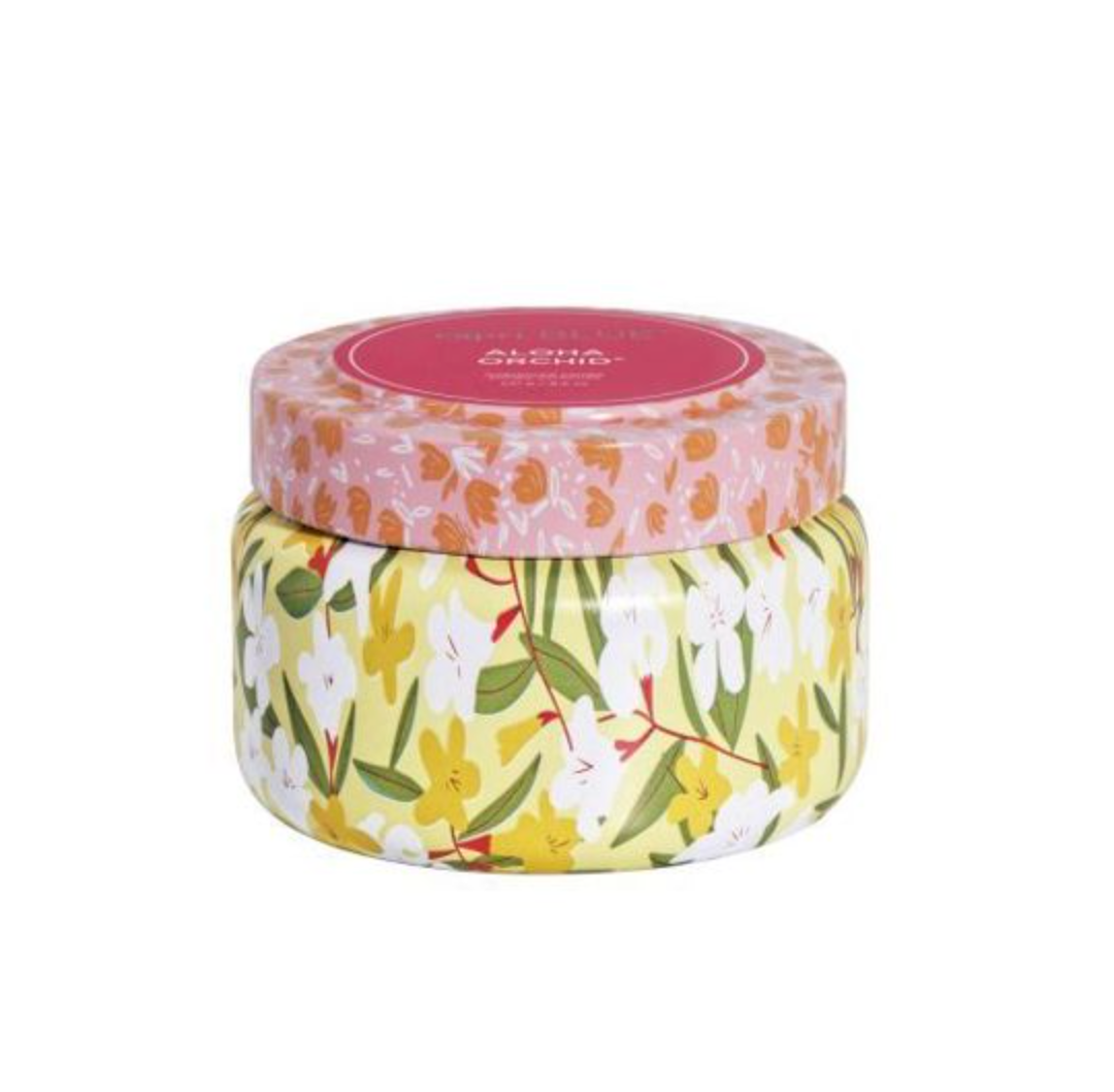 Aloha Orchid Pattern Play Printed Travel Tin Capri Blue 8.5oz