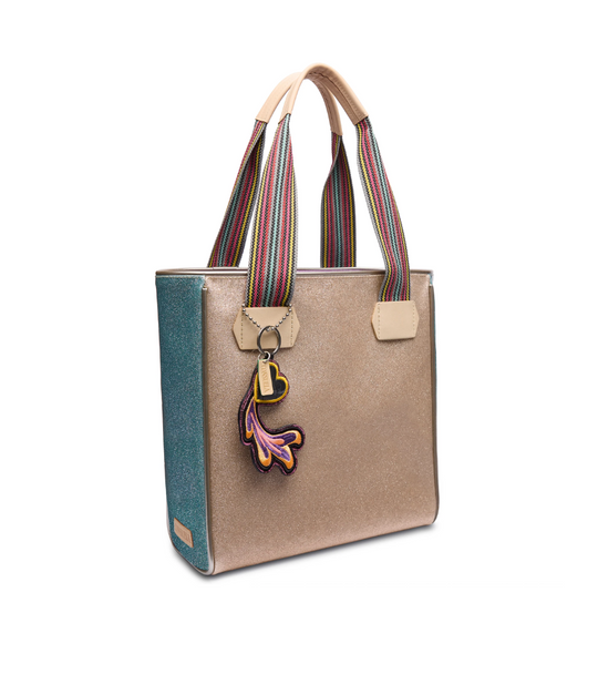 Consuela Emery Classic Tote bag with multicolor striped handles and decorative charm