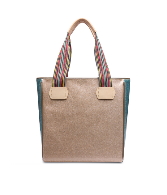 Consuela Emery Classic Tote with metallic beige body and multicolor striped handles