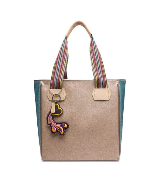 Consuela Emery Classic Tote bag with shimmering gold body striped handles and colorful charm