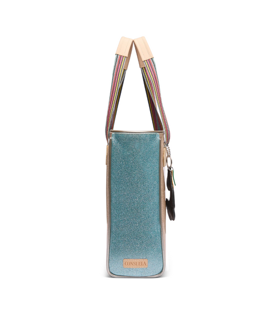 Side view of Consuela Emery Classic Tote bag with teal glitter design and multicolor striped handles