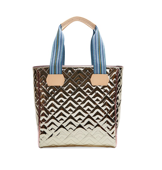 Consuela Evadney Classic Tote bag with metallic geometric pattern and blue striped handles
