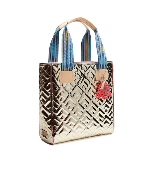 Consuela Evadney Classic Tote with metallic gold quilted pattern and blue striped handles