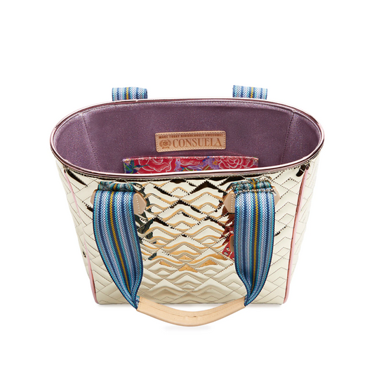 Open Consuela Evadney Classic Tote with metallic quilted exterior and blue striped handles