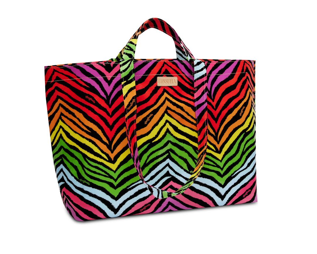 Colorful striped Consuela jumbo bag with rainbow zebra print and dual handles