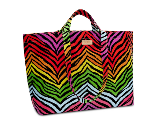 Colorful striped Consuela jumbo bag with rainbow zebra print and dual handles