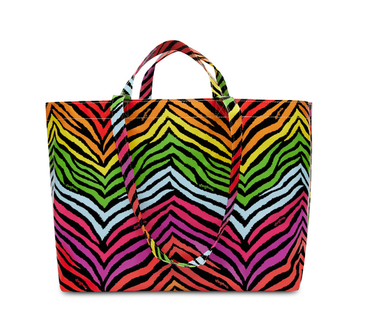 Colorful zebra print Consuela jumbo bag with double handles for versatile carrying