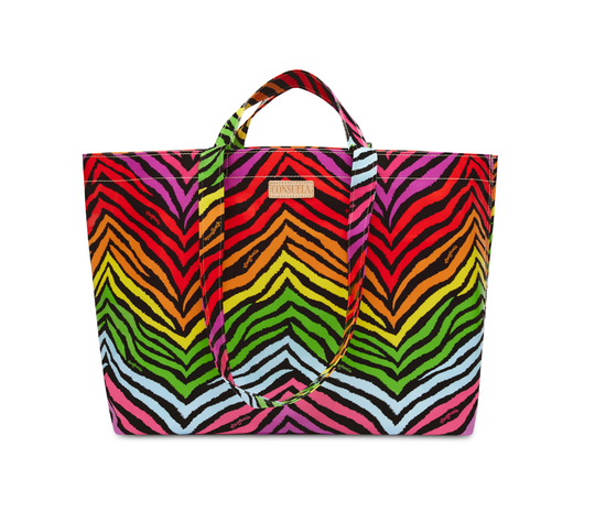 Consuela jumbo bag with vibrant rainbow zebra stripe pattern and dual handles