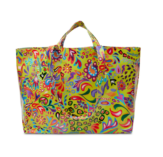 Consuela Limon Jumbo Bag with vibrant multicolor floral and abstract pattern on yellow background