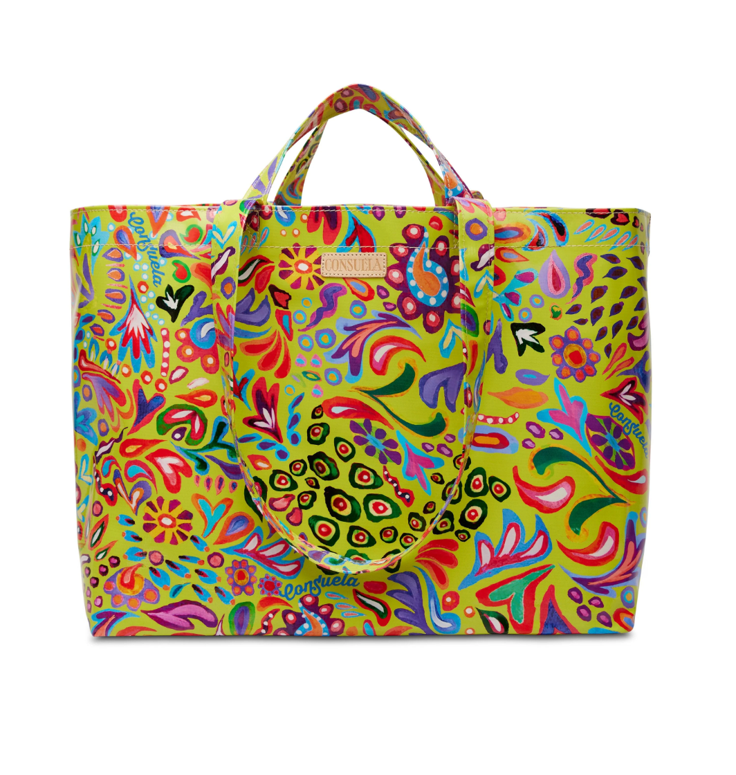 Colorful Consuela Limon Jumbo Bag with vibrant floral and abstract patterns and dual top handles