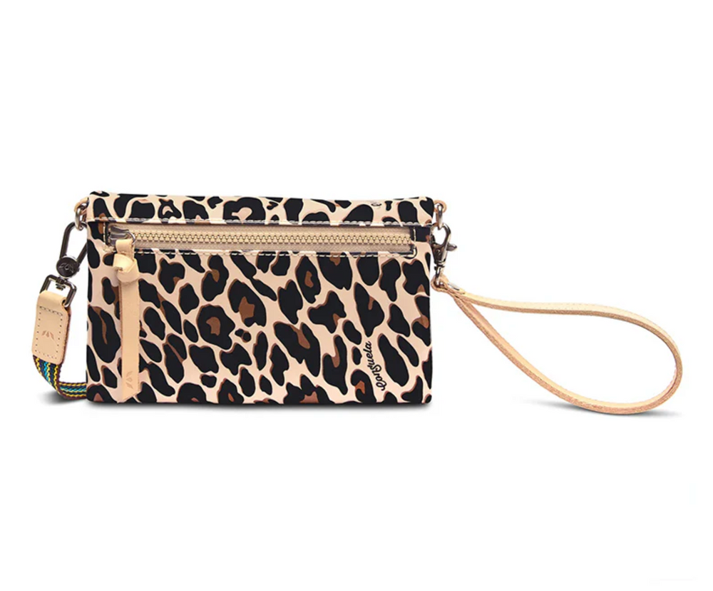Consuela Mona Crossbody Bag in leopard print with beige wrist strap and front zipper pocket