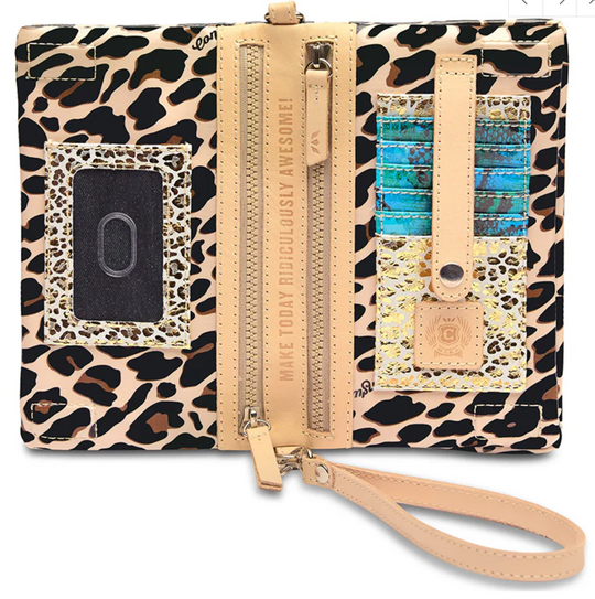 Consuela Mona Crossbody Bag with leopard print interior and multiple card slots with wrist strap