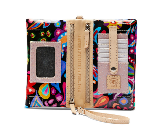 Consuela Sophie Crossbody Bag with colorful floral pattern and multiple card slots inside