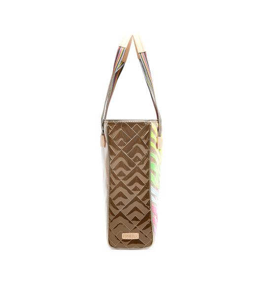 Side view of Consuela Veronica Chica Tote with brown textured pattern and colorful striped handles