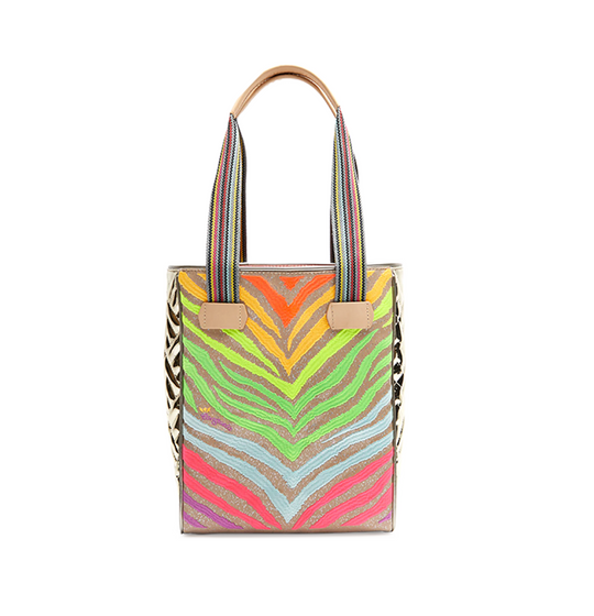 Consuela Veronica Chica Tote bag with colorful zebra stripe pattern and striped handles