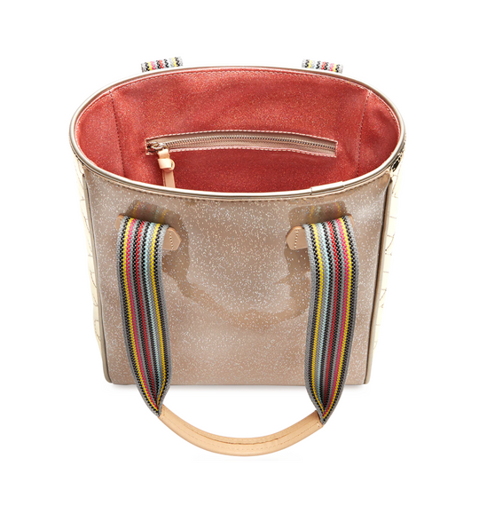 Consuela Veronica Chica Tote with glittery exterior, colorful striped handles, and red interior zipper pocket