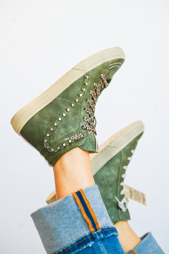 ShuShop olive green high top sneakers with studded details and leopard print laces