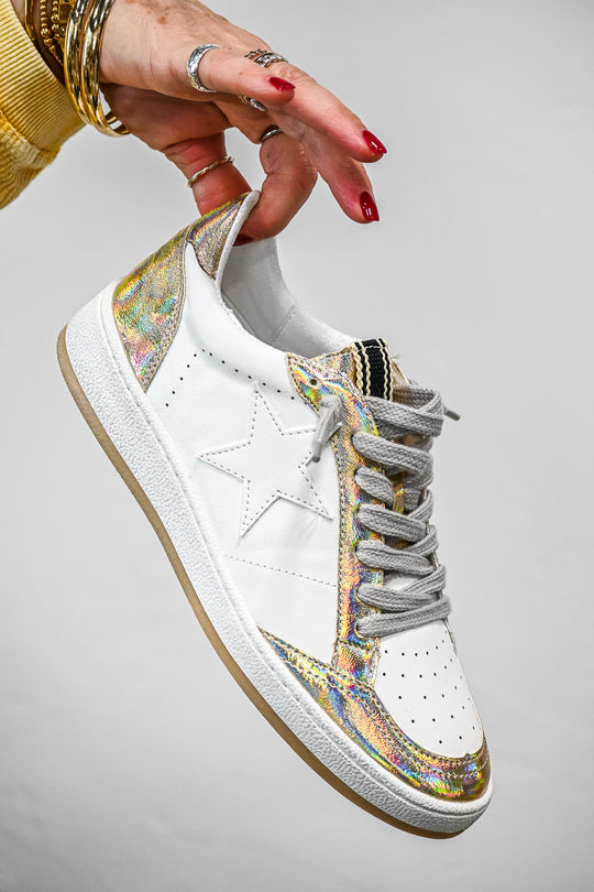 ShuShop Paz gold sneaker women white leather with iridescent gold details and gray laces